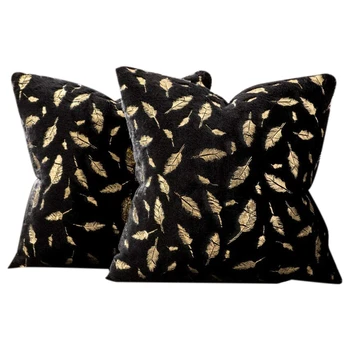 

Pack of 2 Decorative Throw Pillow Cover Plush Faux Fur with Gold Feathers Gilding Leaves Cushion Covers Cases Soft,Black