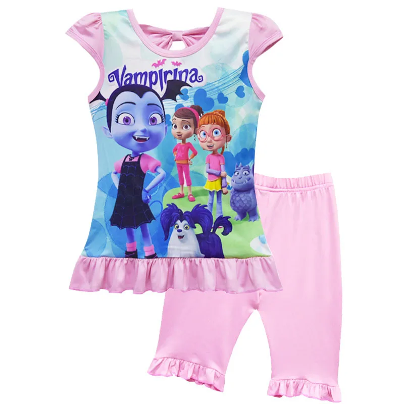 Junior Vampirina/комплекты одежды для сна для девочек милые топы без рукавов с героями мультфильмов для От 3 до 10 лет и девочек+ штаны, одежда для сна пижамный комплект, рождественские день рождения подарки - Цвет: Розовый