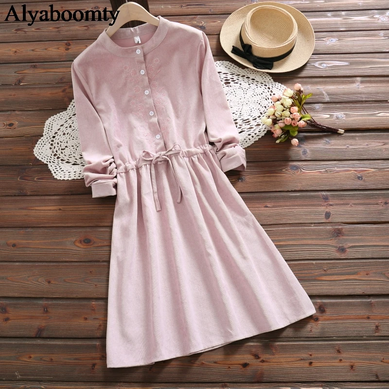 

Mori Girl Autumn Winter Women Fresh Sweet Dress Pink Green Floral Embroidery Lace Up Dress Vintage Corduroy Elegant Kawaii Dress