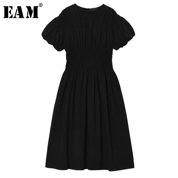 

[EAM] Women White Pleated Split Joint Temperament Dress New Round Neck Short Sleeve Loose Fit Fashion Spring Summer 2020 1U404