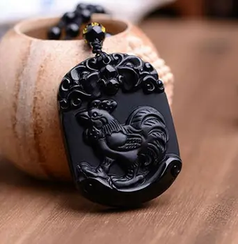 

Zodiac Pendant Natural Obsidian Amulet Chicken Animal Statue Lucky Necklace Pendant