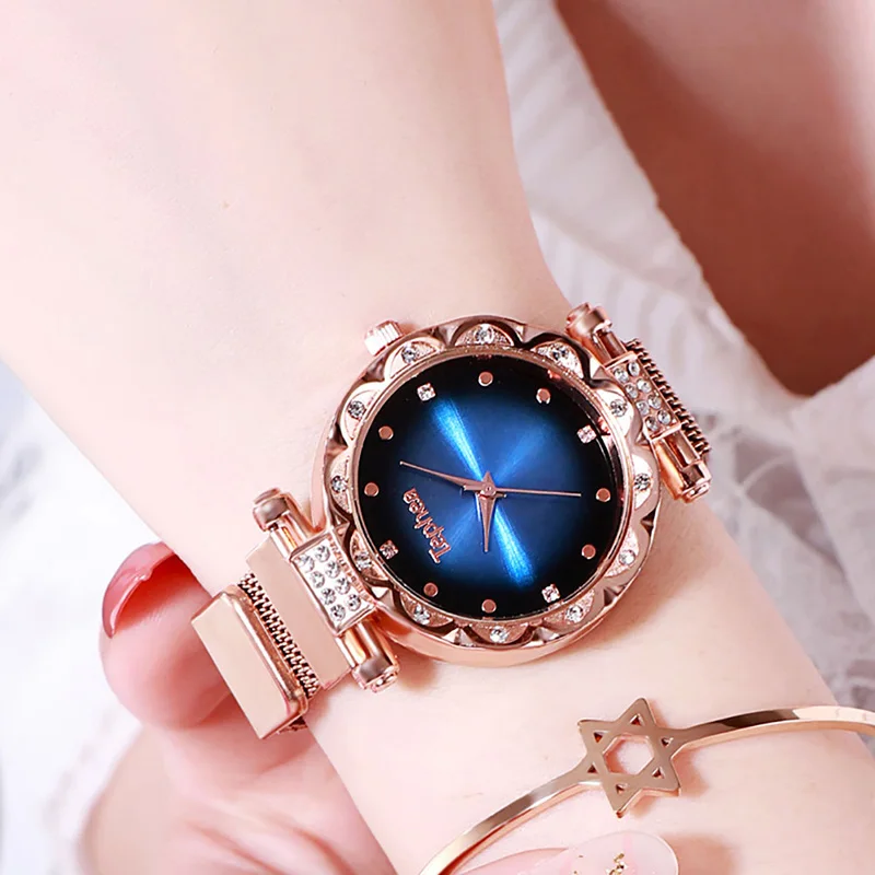 Women Watches Luxury Rose Gold Ladies Wrist Watches Starry Sky Magnetic Watch Mesh Strap Waterproof Clock relogio feminino xfcs - Цвет: Синий