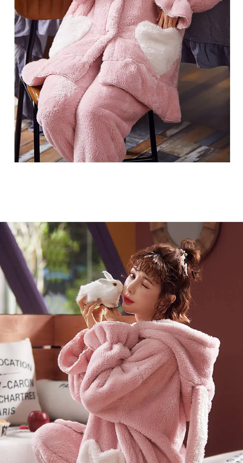 Зимняя плотная женская пижама с животным принтом, теплая одежда для сна с длинными рукавами, женские пижамные комплекты, розовая Милая Домашняя одежда, домашний костюм