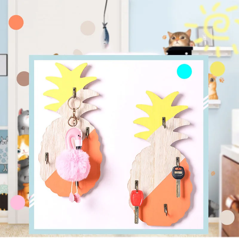 Nordic Pineapple Shape Wooden Decorative Hook Living Room Wall Mounted Key Storage Rack Home Wall Porch Door Clothes Hat Rack