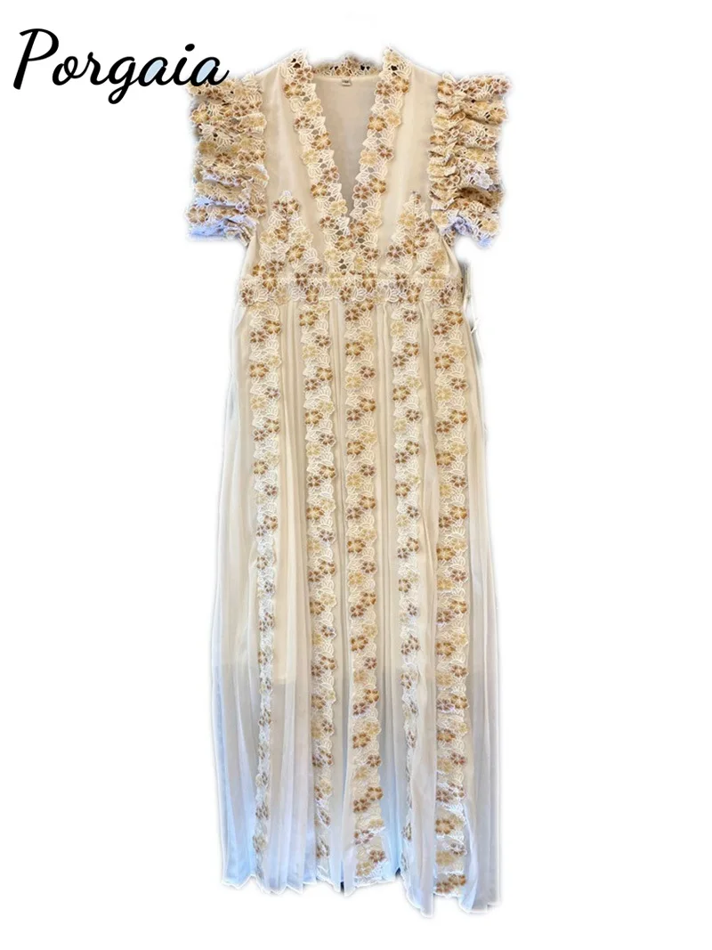 

Porgaia Cascading Ruffle Ankle-Length Spaghetti Strap Empire V-Neck Summer Sandy Elegant Hollow Out Beach Vintage Dress