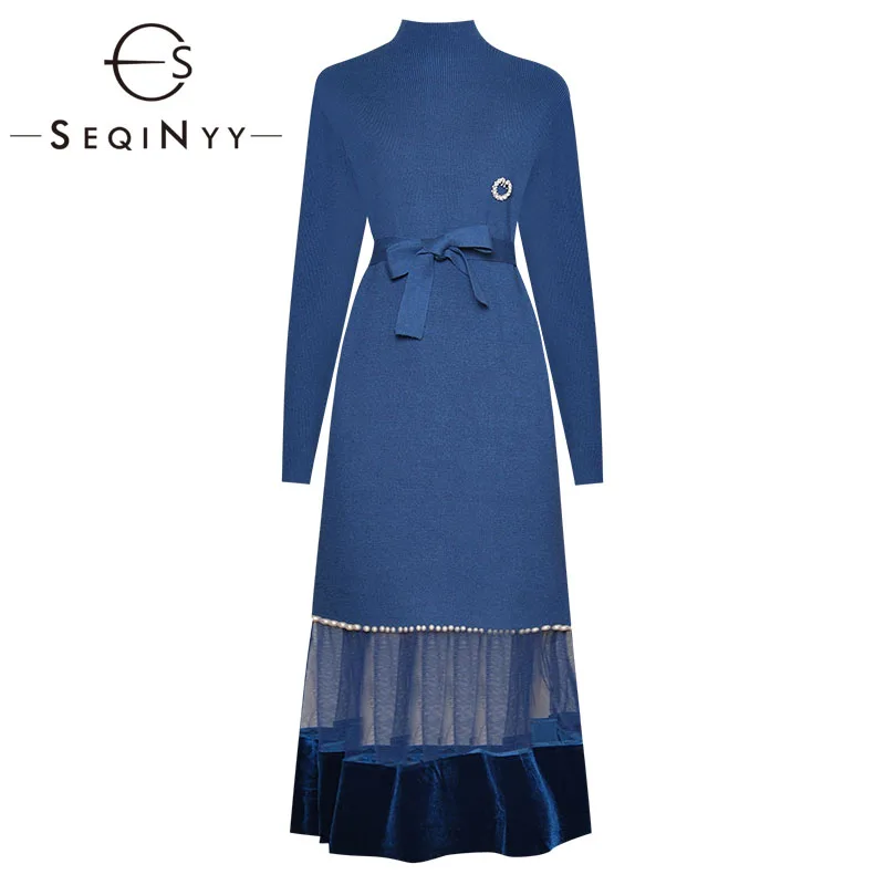 

SEQINYY Knitting Dress 2020 Autumn Winter New Fashion Design Long Sleeve Beading Spliced Mesh Midi Dress