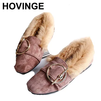 

HOVINGE Fur Shoes Womens Metal Buckle Flats Plush Fur Loafers Faux Suede Ladies Furry Ballet Creepers Winter Cozy Moccasins