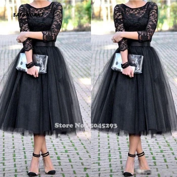

SATONOAKI Cheap 2019 Tea Length Bridesmaid Dress Party Dress 3/4 Long Sleeves Jewel A Line Black Party Gowns Lace Guest Dress