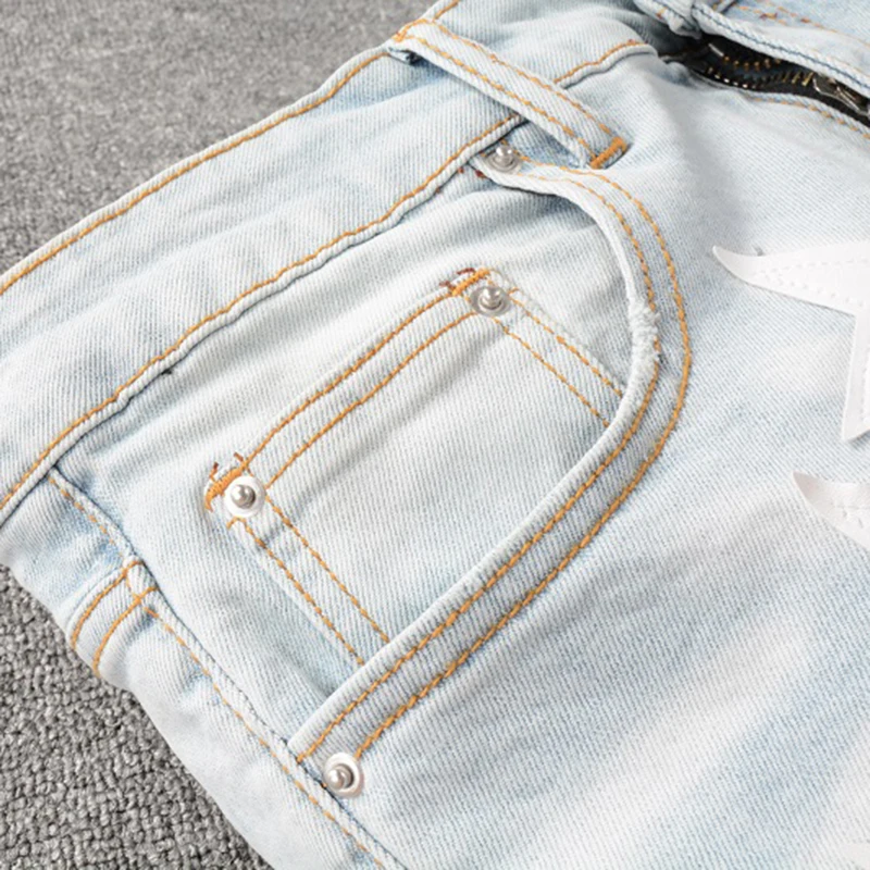 남성용 가죽 별 패치 디자인 청바지 streetwear 패치 워크 찢어진 스트레치 데님 바지 슬림 스키니 펜슬 바지