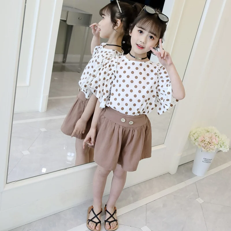 

Baby Girl Clothes Summer Kids Girls Casual Puff Sleeve Polka Dot Print T-shirt Tops+Shorts Suits Costume Set