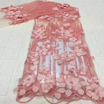 

Wholesale price 3d flower pattern French lace fabric high quality African tulle lace fabric 3d flowers and beads for 5Y pink