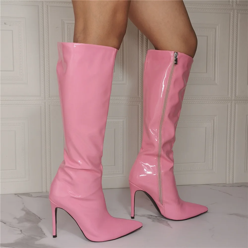 Kolnoo 2022 New Womens High Heel Boots Pink Patent Leather Sexy British Style Party Mid Calf Boots Evening Fashion Half Shoes