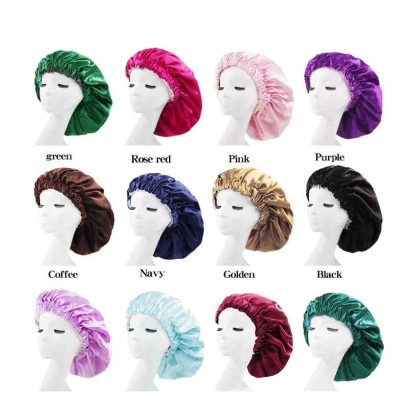 Solid Color Reversible Silky Satin Bonnet Double Layer Sleep Night Cap Head Cover Bonnet Hat Curly Springy Hair Black sleeping bonnet caps