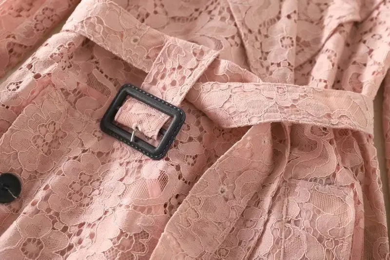 Женский розовый цветочный кружевной плащ двубортный пояс тонкие ленты сексуальная верхняя одежда Новинка осень