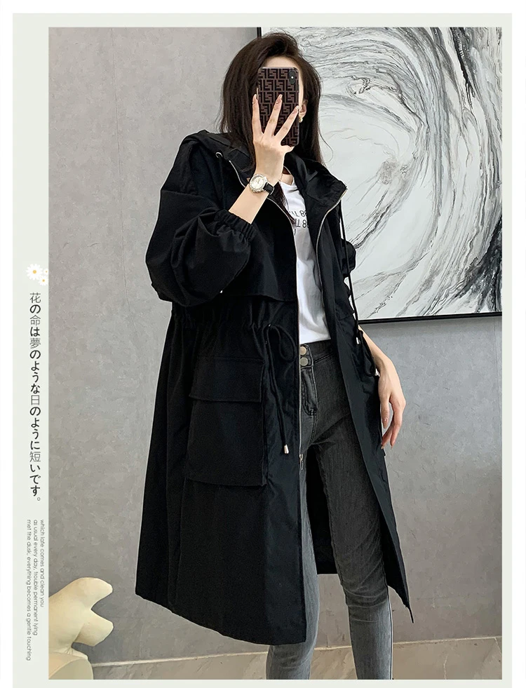 New 2021 Spring Autumn Long Trench Coat Women Loose Hooded Overcoat Female Adjustable Waist Outerwear Korean Fashion Windbreaker puffer coat with fur hood