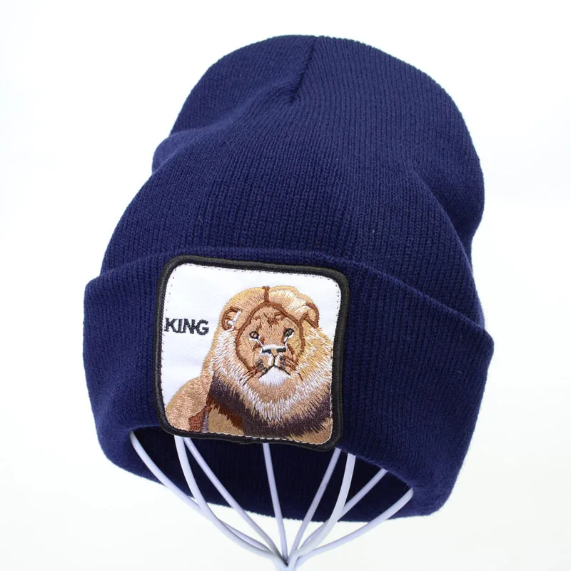 Животные лев Король вязаная шапка вышивка бини зимняя теплая Skullies& лыжные шапочки эластичная вязаная шапка мультфильм лев шапки