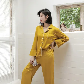 

2020 Spring New Style Women's Viscose Pajamas Korean-style Simple Set Douyin Celebrity Style Imitated Silk Fabric Trend Home Wea