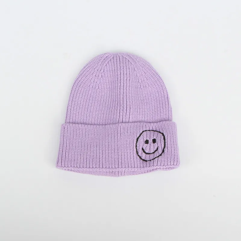 Children Candy Color Hat Winter Kids Knitted Hat Smile Face Solid Cap Ear Flap Beanie Crochet Baby Boys Clothes Girls Warm Hats - Цвет: light purple