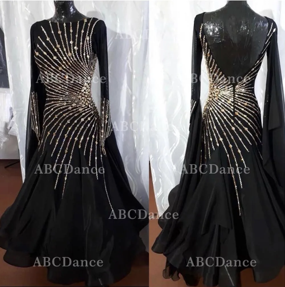 

Стандартное платье для бальных танцев, черного цвета, танцевальный костюм для вальса, современное сценическое платье