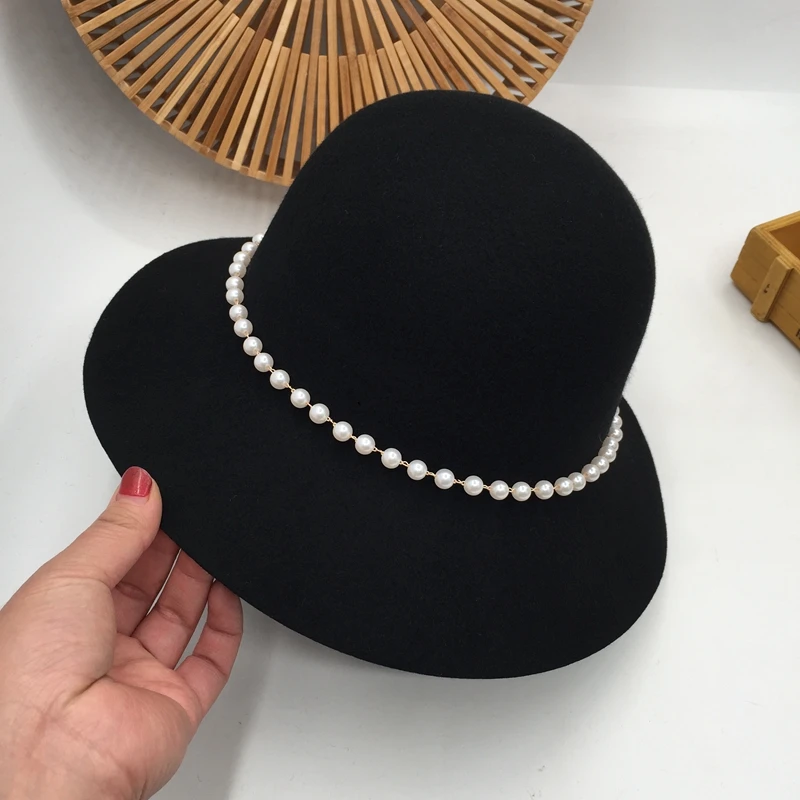 Small sweet wind restoring ancient ways about pearl chain wool fisherman hat female celebrities fashion elegant British han edit