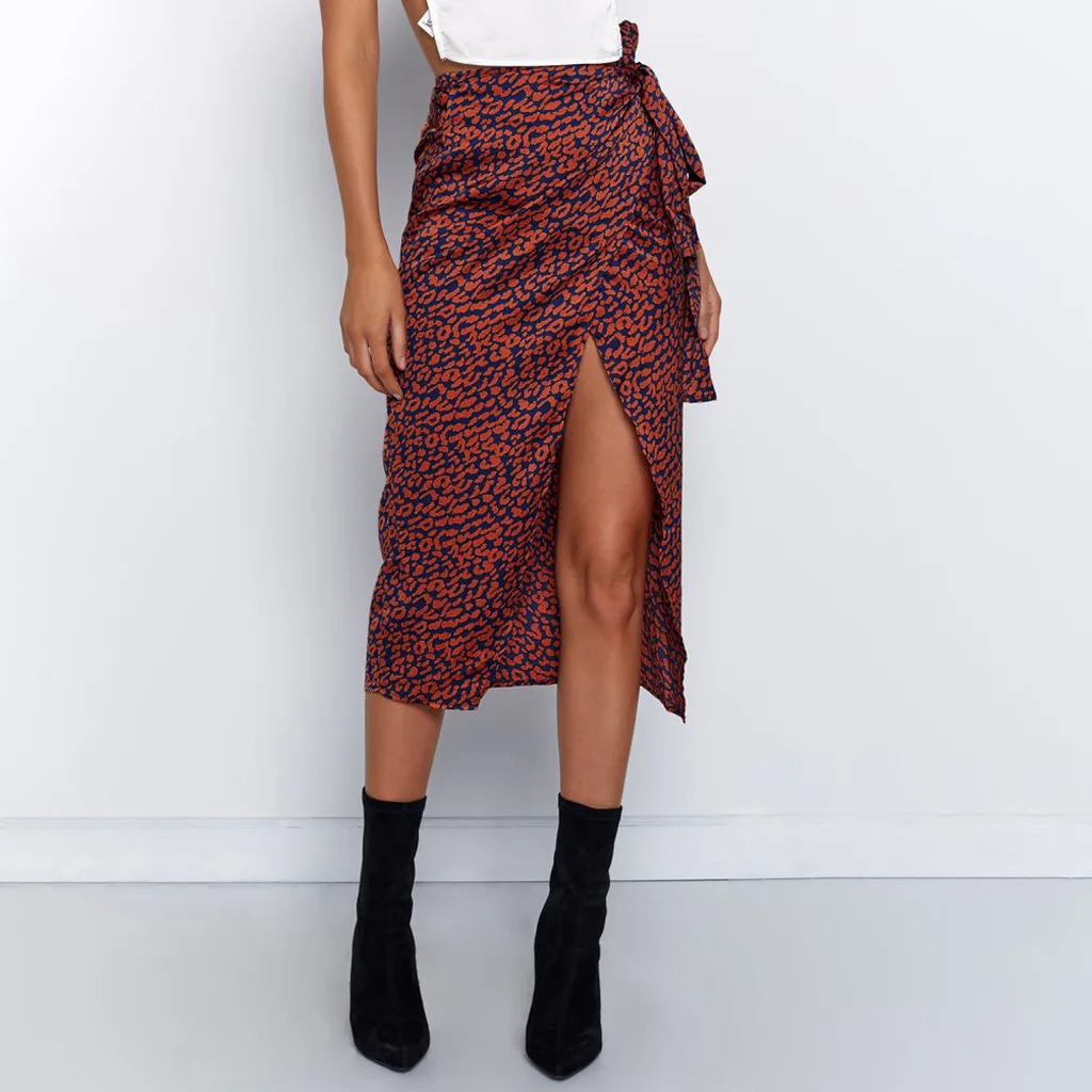 Women summer Side Split skirt Female High Waist Bandage Leopard Print Wrap Satin Bow Sexy Midi Skirts#g3 | Женская одежда