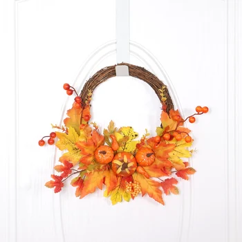 

Autumn Artificial Maple Leaf Wreath Pumpkin Berry Front Door Window Wall Halloween Home Decoration 1