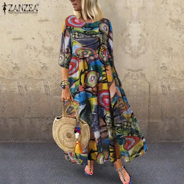 2021 Autumn Summer ZANZEA Pleated Dress Women Vintage Vestidos Robe Printed Long Maxi Dresses  Femme 3/4 Sleeve Tunic 2