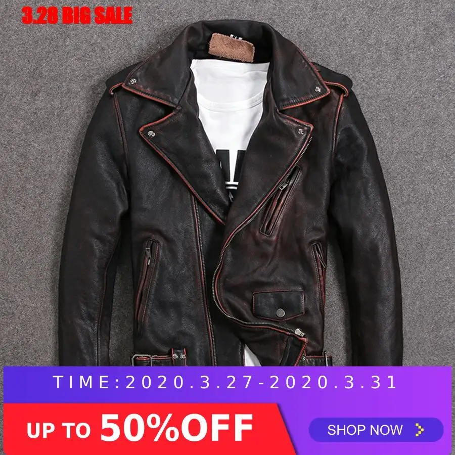 

2020 Vintage Brown Men Slim Fit Biker's Leather Jacket Plus Size XXXXXL Genuine Cowhide Short Motorcycle Leather Coat
