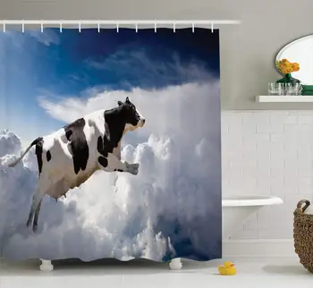 

A Super Cow Flying Over Clouds Fiction Imaginary Print Dairy Manufacturing Image Farmhouse Decor Collection Polyester Fabric