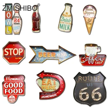 

ZMISHIBO Restaurant Bar LED Night Lights Board Cafe Decor Lighting Iron Art Route 66 Cola Ice Cream Remote Control Wall Lamps