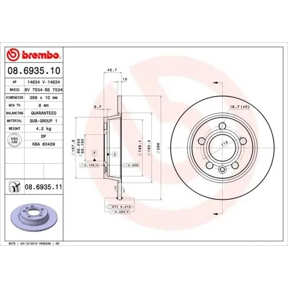 Диск тормозной задний Ford Galaxy, VW Sharan all 95 BREMBO 08.69