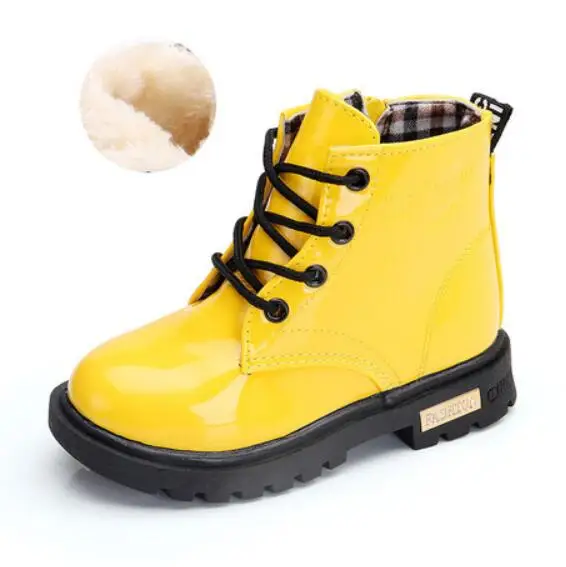Новинка для девочек кожаные ботинки для мальчиков обувь Демисезонный из искусственной кожи Детские ботинки модные Дети сапоги теплые зимние ботинки - Цвет: yellow fur
