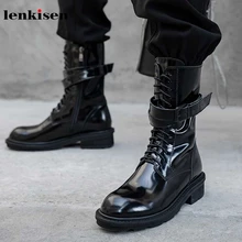 Lenkisen/модные крутые мотоциклетные ботинки теплые женские ботинки до середины икры из натуральной кожи, с круглым носком, на среднем каблуке, с пряжкой, на шнуровке, на молнии, L29