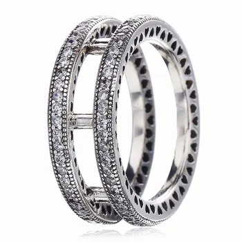 

Authentic 925 Sterling Silver Ring Double Hearts With Crystal Rings For Women Wedding Party Gift Fine Jewelry