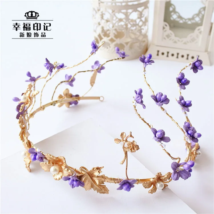

Korean Style Sweet Bride Gold MORI Series Crown Purple Floral Headdress Headdress Hair Accessories Garland Wedding Dress Ornamen