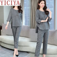 Spring Summer Two Piece Sets Women Grey Wine Red 3/4 Sleeve Tops And Cropped Pants Suits Casual Office Elegant Women's Sets 2020