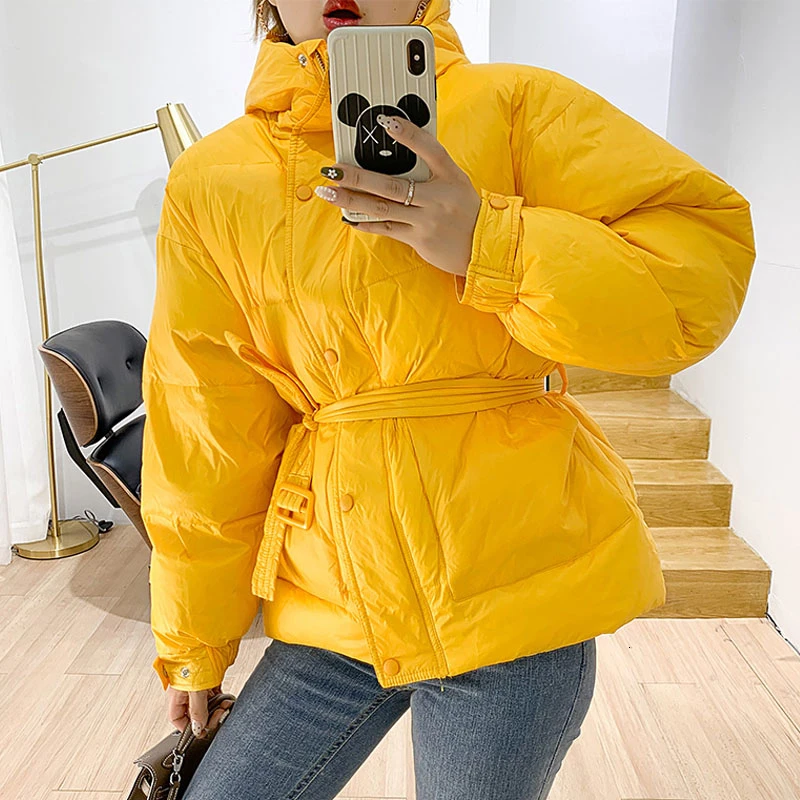 fahion Down Women Parka Winter hooded with belt Thick Warm light down jacket Female overcoat Parkas Casual Solid Coats Y70