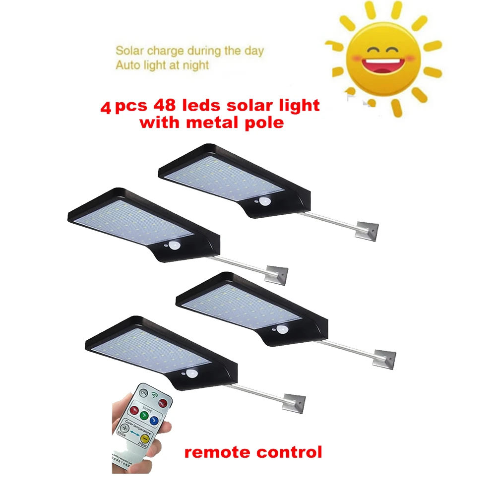

2/4pcs Solar Light 48 led garden Wall Lamp PIR Sensor Motion 4 Modes Emergency With Adjustable Pole For Outdoor Lighting exterio