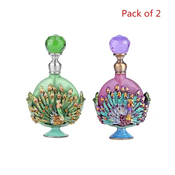 

H&D 2pcs Pewter Peacock Empty Glass Perfume Bottle Jewelry Mini Refillable Scented Fragrance Container Home Decor Lady's Gift