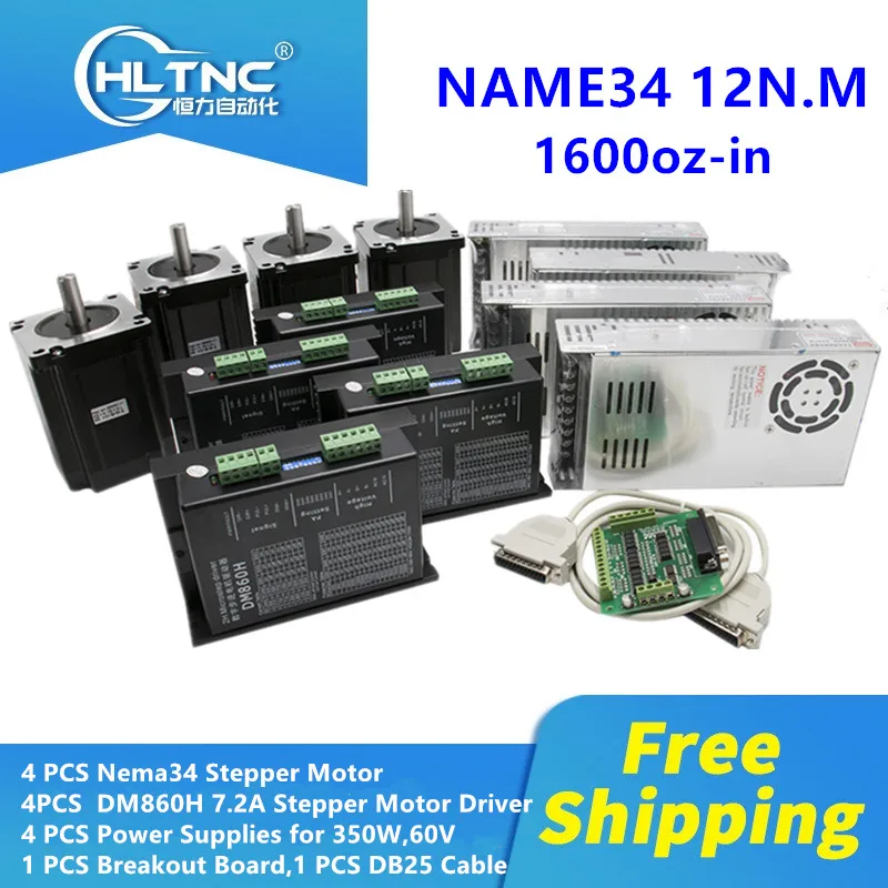 US $582.18 Free Shipping Nema 34 Stepper DC Motor with Driver DM860H Single Shaft 1600ozinmach3 Power Supply 60V for CNC Milling Kit