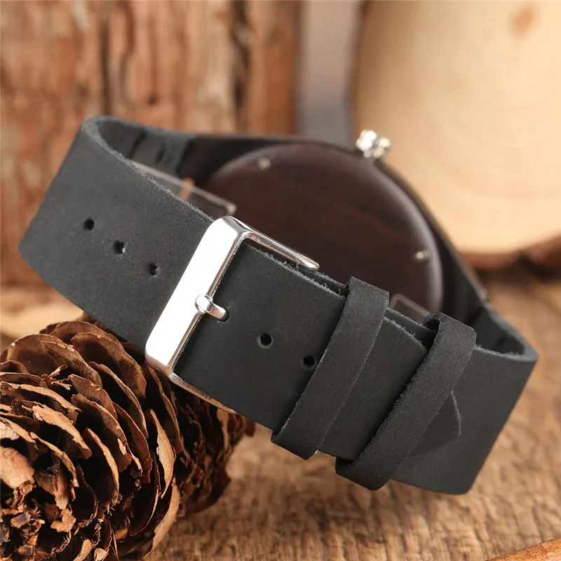 Handmade Silver Dial Nature Wood Clock Men's Bamboo Quartz Analog Wrist Watch Black Genuine Leather Strap Wooden Round Case Gift