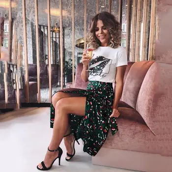 

ICHOIX Leopard High Waist Skirts Women 2 Pieces Set Lip Print T Shirt and Long Skirt Sets Two Pieces Outfits Streetwear