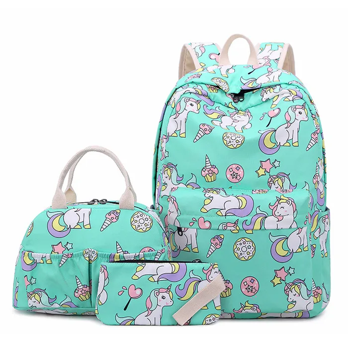 3 комплекта, школьные сумки для девочек-подростков, рюкзак с рисунком единорога, подростковые рюкзаки для ноутбука, рюкзак, сумка для еды, дорожная сумка - Цвет: 3Set-green