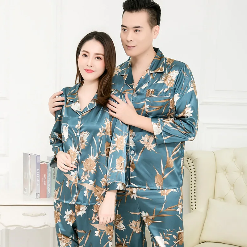 Thin Printing Matching Pajamas Couples Long Sleeved Sleepwear Silk Pajamas for Women Sleep Tops Pants Mens Pajamas Set Sleepwear mens cotton pajama shorts