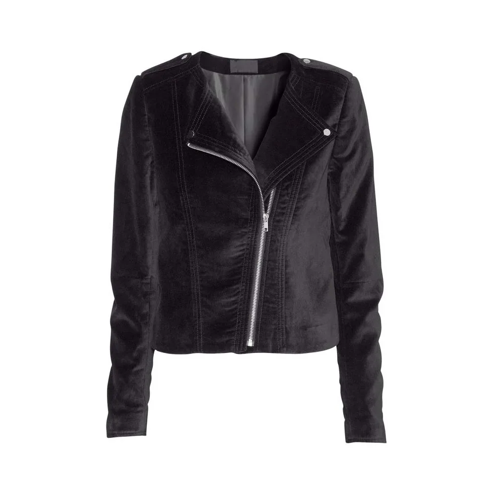 

Haoduoyi Heat-Europe And America Black And White with Pattern Velvet Coat Slim Fit Long Sleeve Oblique Zipper Collarless Jacket
