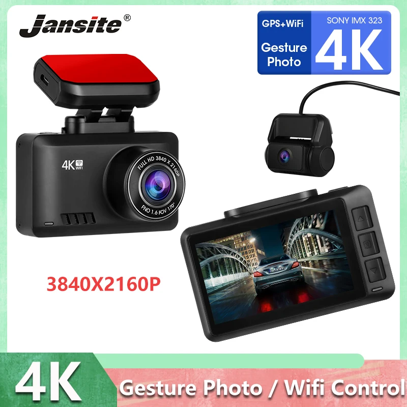 

Jansite Dash cam 4K FHD Front and Rear camera 3840x2160P Gesture Photo WIFI Control GPS Track Playback Auto Registrar Mirror cam
