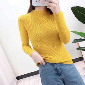 

Women's Sweater Korean The Solid Color Half-high Sweater Collar Simple Fashion Long-sleeved Gray Blue Solid Color Knit Sweater