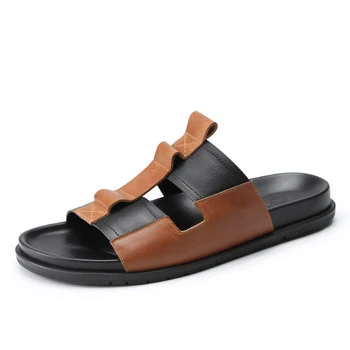 

Mens Leather Sandals Slippers Male Summer Outdoor Soft men slides flip flops fender summer men genuine leather slippers cowhide