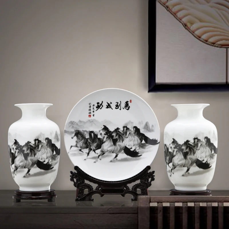

Jingdezhen Ceramics Traditional Craft Porcelain Bottle Three-piece Vase Decoration Win Instant Success Flower Arrangement 24