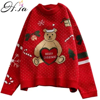 

H.SA Women Cartoon Kawaii Sweater and Pullovers Red Bell Bear Christmas Sweater Jumpers Loose Sweaters Sueter Mujer Cute Sweater